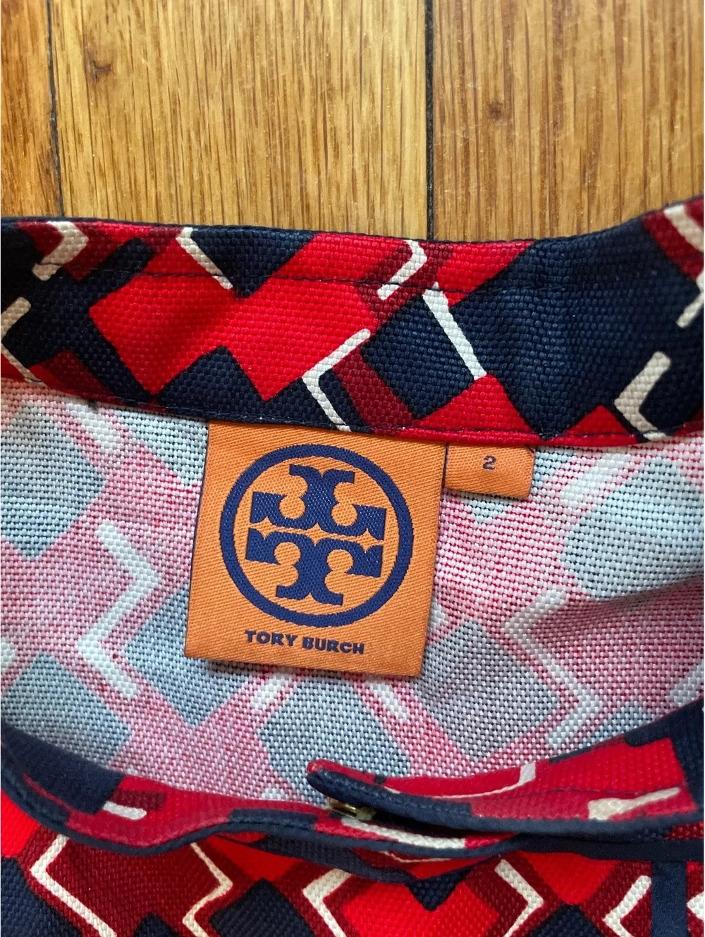 Tory Burch Truman Silk Dress Red Navy Geometric Pleated Size 2